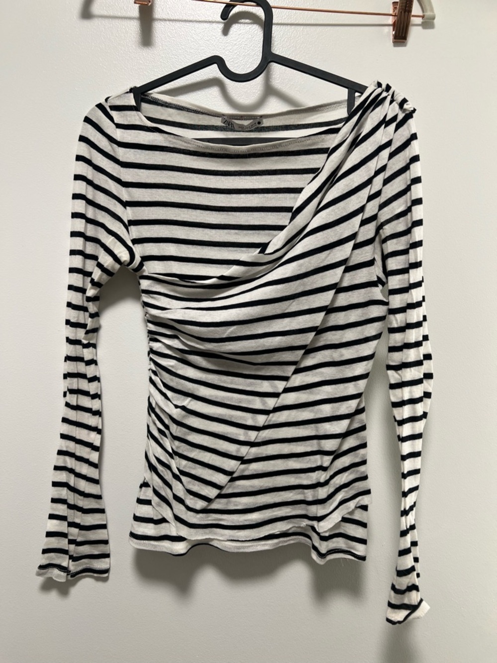 Zara Black & White Striped Draped Long-Sleeve Top